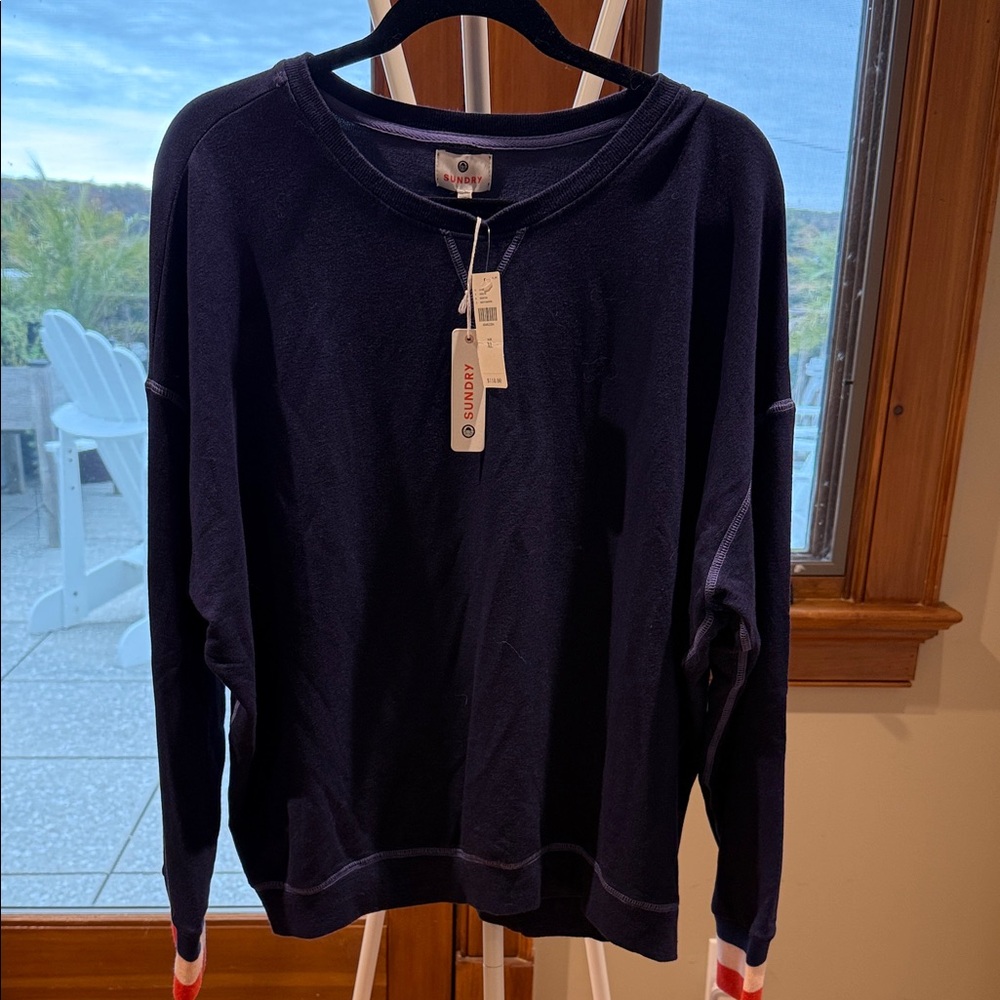 Sundry Dark Blue Crewneck Sweater with Red Details